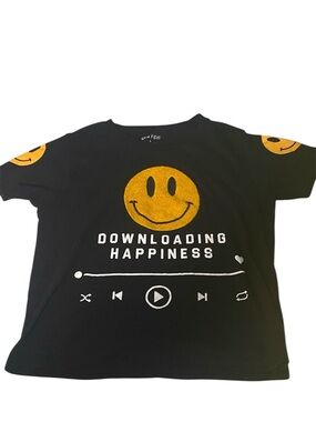 On Fire Black Tee with Gold Smiley & White Play Icons